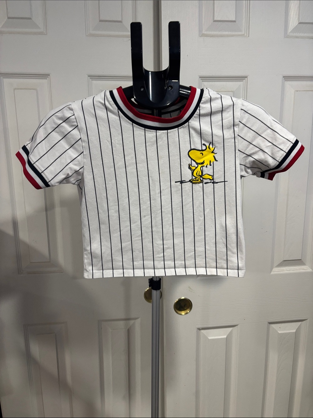 Peanuts White Pinstriped Crop Top with Yellow Woodstock Image